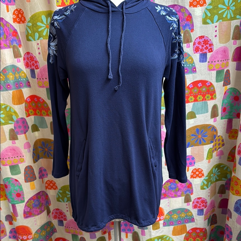 Indigo Embroidered Hoodie with Pockets. Small